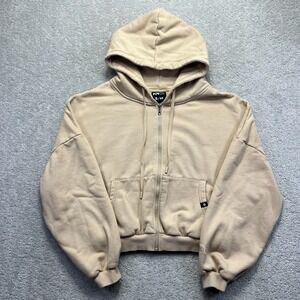 POPFLEX Cloud Hoodie Womens S/M Sand Beige Full Zip Cropped Oversized Streetwear